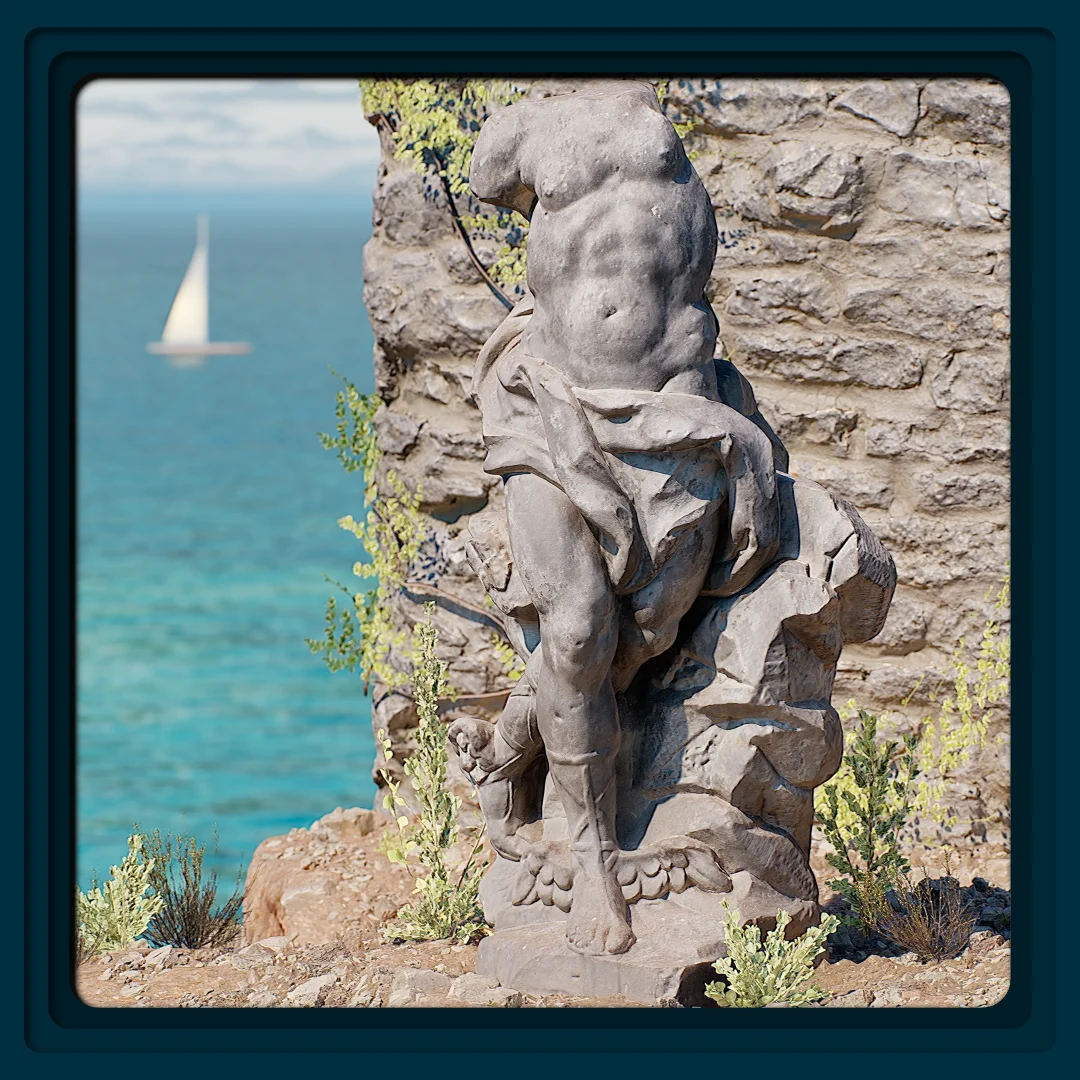 Photogrammetrized Hermes statue - final composition alongside the coast in Unreal Engine 5