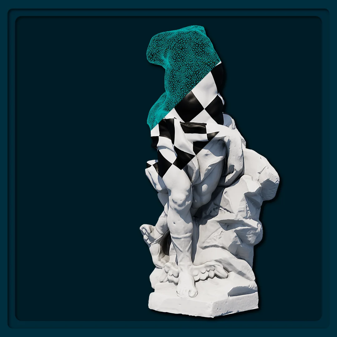 Photogrammetrized Hermes statue - cut into mesh preview, texel density and ao preview in Unreal Engine 5